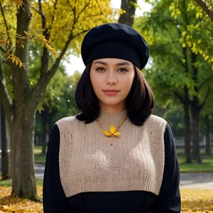 Generate hyper realistic image of a woman standing outdoors, her long brown hair gently swaying in the autumn breeze. She wears a sweater with long sleeves, black pants, and black footwear. A French hat adorns her head, complementing the black headwear. Behind her, a tall tree with leaves turning golden. The air is crisp, and a single leaf flutters down.photorealistic, looking at viewer 