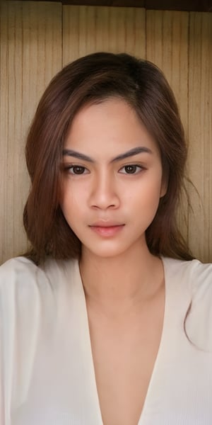 Generate hyper realistic image of a Indonesian woman with long hair, gazing directly at the viewer with brown eyes. Her parted lips hint at a subtle expression of tranquility, This portrait captures the essence of a calm and captivating moment.