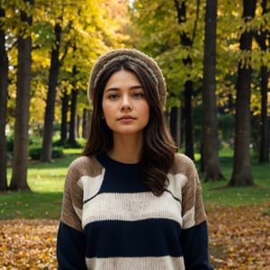 Generate hyper realistic image of a woman standing outdoors, her long brown hair gently swaying in the autumn breeze. She wears a sweater with long sleeves, black pants, and black footwear. A French hat adorns her head, complementing the black headwear. Behind her, a tall tree with leaves turning golden. The air is crisp, and a single leaf flutters down.photorealistic