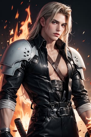 High Quality, Masterpiece, IncrsBrknGls, reflection, shoulder armor, leather suit, suspenders, belt, gloves, bracer, , solo, 1boy, look at viewer, midbody, fire backgroud, 1st soldier, white long hair, sephiroth 