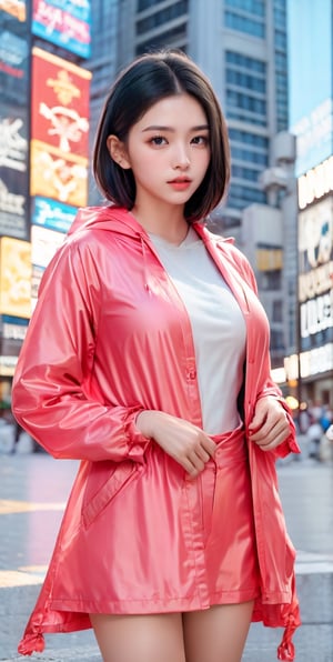 Ultra-high resolution, cinematic lighting,Woman wearing pink raincoat in Times Square,xxmix_girl,more detail XL, blue medium hair, mexican