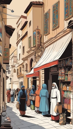 (Grzegorz Rosiński style:1.4) , closeup  shopping on streets  of old Persian tow, realistic, high contrast,ink draw,Comic book Grzegorz Rosiński style, Vector Drawing
 , professional, 4k, mutted colors, vintage, ,Flat vector art,Vector illustration,flat design,Illustration,illustration
