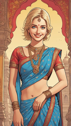(Grzegorz Rosiński style:0.8) , (Janusz Christa style:1.2) , 

beautiful young woman with short blonde hair and blue eyes, smile, 
  
 Bollywood clothes and style long full body shot in Hindi temple, full of details, very colorful, 


 
 realistic,  draw,Comic book Janusz Christa  style, Vector Drawing, ink lines, professional, 4k,  colors, vintage, ,Flat vector art,Vector illustration,flat 