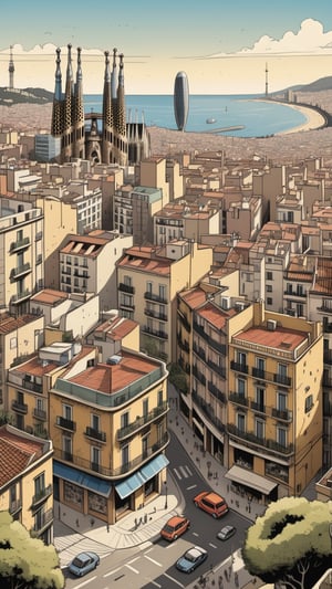 (Grzegorz Rosiński style:0.8) , (Janusz Christa style:1.2) , 

Panorama of Barcelona, Spain, 
 
 realistic,  draw,Comic book Janusz Christa  style, Vector Drawing, ink lines, professional, 4k,  colors, vintage, ,Flat vector art,Vector illustration,flat design,Illustration,illustration,Comic Book-Style 2d,more detail XL