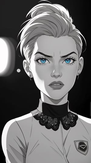 Beautiful woman with short midi hair and intense blue eyes, 
 , bokeh, professional, 4k, highly detailed . shallow depth of field, vignette, highly detailed, bokeh, moody, epic, gorgeous, film grain, distressed, vintage, edgy,Extremely Realistic,more detail XL,High detailed ,mercy graves,veronica,monochrome