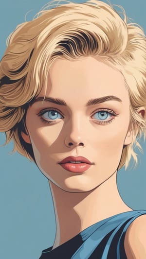 Beautiful woman with blonde midi short hair and blue eyes, photography, realistic, high contrast,ink draw,Comic book Grzegorz Rosiński style, Vector Drawing
 , professional, 4k, mutted colors, vintage, ,Flat vector art,Vector illustration,flat design,Illustration