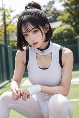  asian girl, white sport outfit, black bob hair, park