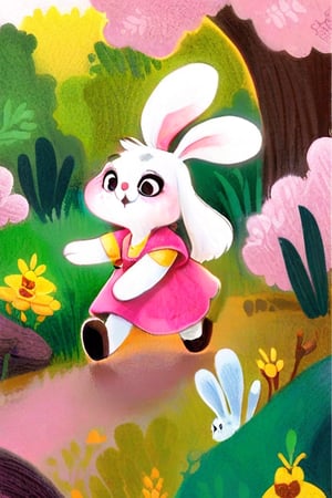 1 rabbit, pink dress, yellow flower, fall_(season), wolf run behigh rabbit,disney pixar style,niji style,artistic oil painting stick,crayon,3dcharacter,aodai