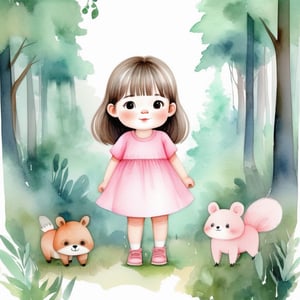 1 little girl wearing pink dress in the forest background, watercolor, children't comic, cute animals,truyentranh