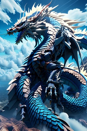 Open mouth, tail, teeth, side view, no human, sharp teeth, monster, dragon, scales, clouds, 3D effects, ultra-clear, mechanical armor, individual, one