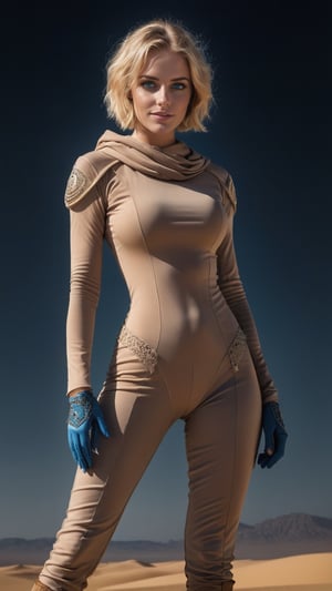 A beautiful young woman with medium short blonde hair and intense blue eyes who is talking to other people standing with their backs to the observer, eyes completely fully blue,transparent lace mask, delicate smile,
sand, desert on the planet's dune, Fremen suit, all body parts covered, outfit looks like a loose Bedouin suit with a hood, Fremen area, planet Arrakis,
steampunk, 