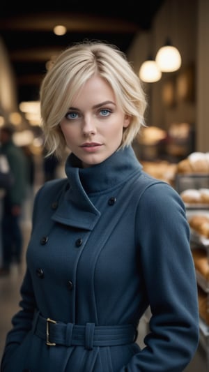 Beautiful young woman with medium short blond hair and blue eyes,  she is in the store and buys bread, room full of other people,

DSLR Photography, shot with a 50mm lens at f/2.1, blurred, blurry background, cinematic film still, cinematic photo , bokeh, professional, 4k, highly detailed . shallow depth of field, vignette, highly detailed, high budget Hollywood movie, bokeh, cinemascope, moody, epic, gorgeous, film grain, grainy . Textured, distressed, vintage, edgy,Movie Still,Extremely Realistic