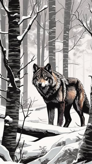 (Grzegorz Rosiński style:1.6) , 
Winter, Woods, forest, wild wolf, 
 realistic, high contrast,ink draw,Comic book Grzegorz Rosiński style, Vector Drawing
 , professional, 4k, mutted colors, vintage, ,Flat vector art,Vector illustration,flat design,Illustration,illustration