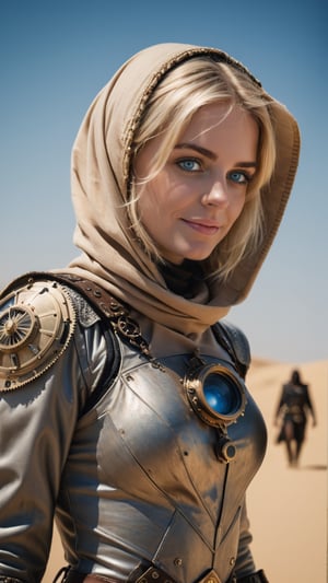 (best quality, masterpiece, ultra detailed, 8K, RAW photo),

A beautiful young woman with medium short blonde hair and intense blue eyes, ((talking to other people standing with their backs to the observer)) , eyes completely fully blue,transparent lace mask, delicate smile,
planet Arrakis, steampunk, sand, desert on the planet's dune, Fremen suit, all body parts covered, outfit looks like a loose Bedouin suit with a hood, Fremen area,
DSLR Photography, shot with a 50mm lens at f/2.1, blurred, blurry background, cinematic film still, cinematic photo , bokeh, professional, 4k, highly detailed . shallow depth of field, vignette, highly detailed, high budget Hollywood movie, bokeh, cinemascope, moody, epic, gorgeous, film grain, grainy . Textured, distressed, vintage, edgy,Movie Still,Extremely Realistic,steampunk style,more detail XL,mercy graves,steampunk