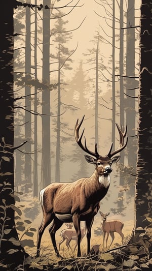 (Grzegorz Rosiński style:1.4) , 
Woods, forest, hunting, deer, 
 realistic, high contrast,ink draw,Comic book Grzegorz Rosiński style, Vector Drawing
 , professional, 4k, mutted colors, vintage, ,Flat vector art,Vector illustration,flat design,Illustration,illustration