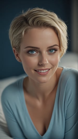 beautiful young woman with short blonde hair and blue eyes, 
  
night,  lying on the bed, wearing a sleep shirt,  a delicate flirtatious smile, 

 in small women's bedroom with blue walls,  shot of a full figure,

DSLR Photography, shot with a 50mm lens at f/2.1, blurred, blurry background, cinematic film still, cinematic photo , bokeh, professional, 4k, highly detailed . shallow depth of field, vignette, highly detailed, high budget Hollywood movie, bokeh, cinemascope, moody, epic, gorgeous, film grain, grainy . Textured, distressed, vintage, edgy,Movie Still,Extremely Realistic