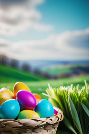 spring closeup on basket with colorful Easter eggs and bunny, green grass on background, no people,

shot with a 50mm lens at f/2.1, blurred, blurry background, cinematic film still, cinematic photo , bokeh, professional, 4k, highly detailed . shallow depth of field, vignette, highly detailed, high budget Hollywood movie, bokeh, cinemascope, moody, epic, gorgeous, film grain ,Movie Still,Extremely Realistic