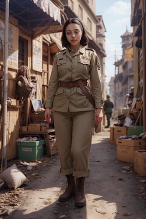 Wallpaper of WWII, Woman soldier, fine art, oil painting, best quality, dark tales, portrait cute detailed, detailed illustration, complex background, in the style of realistic hyper - detailed full-body, realistic light and shadow, 

VVSS