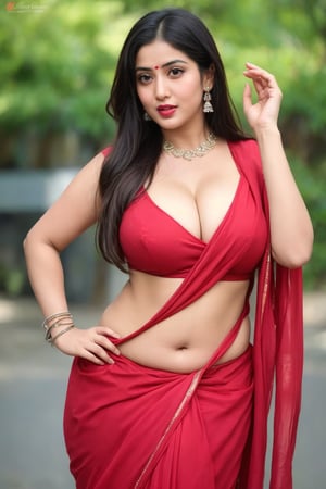 sexy woman night out for durga puja festival, masterpiece, attractive face, detailed face, wearing red saree, giant_breasts, curvy_figure, exposed navel, nice figure, sexy pose, perfect, insta_model, photoshoot, orgasm face, perfect hands, perfect fingures,photorealistic,Saree,Realistic