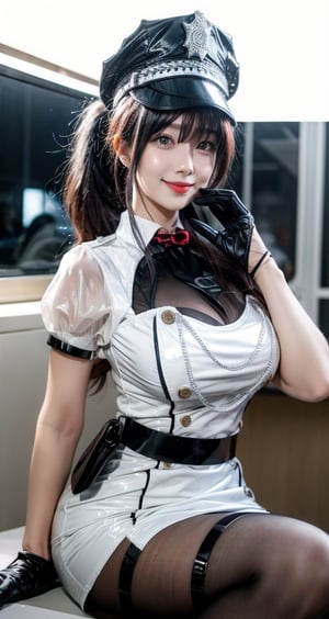 score_9, score_8_up, score_7_up, score_6_up, masterpiece, leica m11, sharp focus, police officer woman, unbotton white shirt, open black jacket, cleavage, big breasts, round breasts, short skirts, gloves, fullbody shot, hourglass body, toned body, sole, 1girl, alone, single_character, sole_character. outdoor, Orange hair, wavy hairstyle, Ponytail, police cap, slim waist, tall girl, low brightness, brown eyes, long eyelashes, garter belt, cleavage, sweating, smiling, closed mouth, seducting pose, intimidating, hands up, armpit, Masterpiece, best quality, ,milf,lemon0001