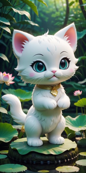 close up angle of ((cut toy),((3d cat)) surrounded by forest, Lotus pond, animal, detailed focus, deep bokeh, beautiful, , dark cosmic background. Visually delightful , 3D,more detail XL,chibi,White kitten,