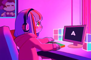 a gamer girl in a room playing on her computer with colorful lights