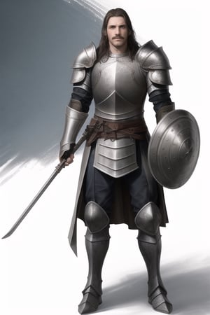 a 35-year-old knight, full body, in worn armor, without inscriptions, with long dark hair, large mustaches, no beard, hooked nose, frowning expression, white background