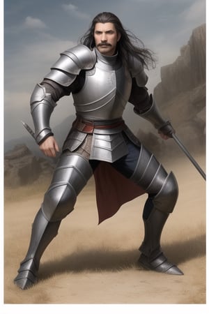 a 35-year-old knight, full body, in worn armor, without inscriptions, with long dark hair, large mustaches, no beard, hooked nose, frowning expression, fighting