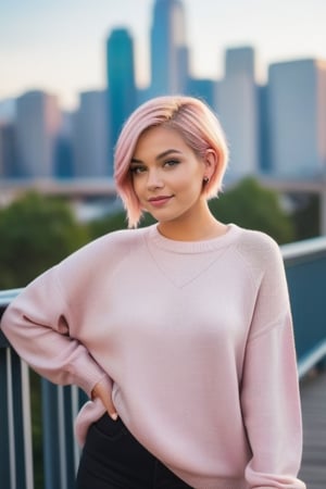 19 years old girl, Blonde, very short hair, fat, beautiful, in home, a woman standing on a bridge with a city in the background, cute girl with short pink hair, curvy model, wearing casual sweater, dating app icon, round-cropped, with same hairstyle, casey cooke, of beautiful angel, journalist photo, idealised, kai carpenter, short to medium length hair, sf, interview, slay, 8 h, mesh, napa, in sofa