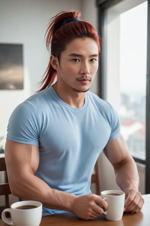 hyper-realistic photo, handsome fit muscles young korean man in homewear, photo on nikon Z7 on the hill, long red pony tail hair, cozy bright room, film grain, f1. 8, home paradise,Extremely Realistic, in different poses, drinking coffie on table, beautifull t-shirt, manly face