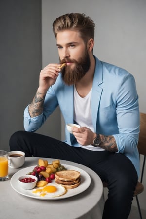 A person with a beard, man of style, wide shot, full body, like from perfect world, trending on pinterest, like a model, trending on cgtalk, handsome, tattoos, the character in different poses , blonde beard, he is about 20 years old, eating breakfast, sitting on table