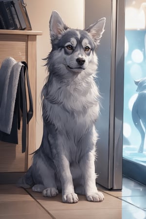 a funny  dog blue husky cool  , reading newspaper  cute posture,pure colour, 
digita art ,cool WC . night city, cool cinmatic color , 8k , light blue and orange colors ,cinimatic lighting, 8k,1 girl