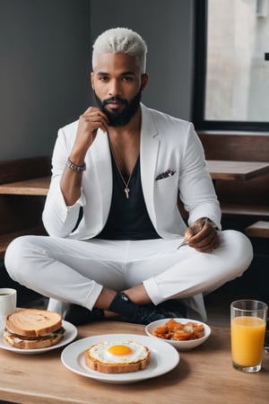 A black person with a beard, white hair, man of style, wide shot, full body, like from perfect world, trending on pinterest, like a model, trending on cgtalk, handsome, tattoos, the character in different poses , white beard, he is about 20 years old, eating breakfast, sitting on table