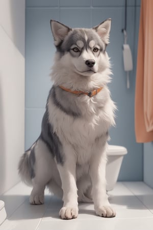 a funny  dog blue husky cool  , sitting on toilet, reding newspaper  cute posture,pure colour, 
digita art ,cool WC . modern toilet, cool cinmatic color , 8k , light blue and orange colors ,cinimatic lighting, 8k,1 girl