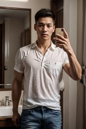(masterpiece, top quality, best quality, official art, hdr, high contrast, ultra high res), light brown hair, whort pulled back hair, looking at viewer, 1man, solo, a muscular Korean boy, 20yo, tall, great muscular , broad shoulders, biceps, white collared shirt, open shirt, jeans, tan skin, K-pop idol face, handsome, selfie, mirror, 