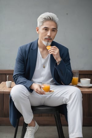 A korean person with a beard, white hair, man of style, wide shot, full body, like from perfect world, trending on pinterest, like a model, trending on cgtalk, handsome, tattoos, the character in different poses , white beard, he is about 25 years old, eating breakfast, sitting on table