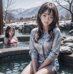 3 girl, high school girl, graduation trip, hot spring trip, hot spring inn, open-air hot spring, soaking in the open-air hot spring, fine snow, hot spring heat presents contrast, everyone has a comfortable expression, beautiful and perfect face