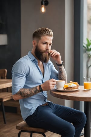 A person with a beard, man of style, wide shot, full body, like from perfect world, trending on pinterest, like a model, trending on cgtalk, handsome, tattoos, the character in different poses , blonde beard, he is about 20 years old, eating breakfast, sitting on table