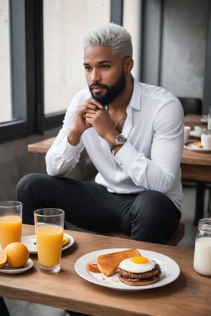 A black person with a beard, white hair, man of style, wide shot, full body, like from perfect world, trending on pinterest, like a model, trending on cgtalk, handsome, tattoos, the character in different poses , white beard, he is about 20 years old, eating breakfast, sitting on table
