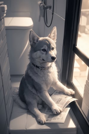 a funny  dog blue husky cool  , reading newspaper  cute posture,pure colour, 
digita art ,cool WC . night city, cool cinmatic color , 8k , light blue and orange colors ,cinimatic lighting, 8k,1 girl