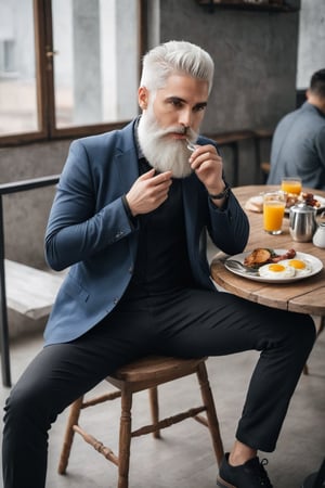 A person with a beard, white hair, man of style, wide shot, full body, like from perfect world, trending on pinterest, like a model, trending on cgtalk, handsome, tattoos, the character in different poses , white beard, he is about 25 years old, eating breakfast, sitting on table