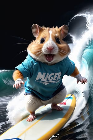 a hamster wearing t-shirt and riding a surfboard down a sea waves in a gloves on a sea side,  hyper real, poster art, photorealism, motion lines, motion blur, film screencap, film grain, movie poster,  horrified,firefliesfireflies,1 girl,Extremely Realistic,more detail XL,moonster, shot from back