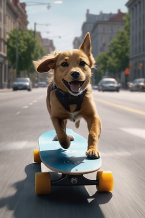 a dog  riding a skateboard down a city side road in a helmet and gloves on a city side,  hyper real, poster art, photorealism, motion lines, motion blur, film screencap, film grain, movie poster,  horrified,firefliesfireflies,1 girl