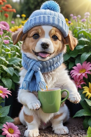 DOG with a cup, wearing a knitted hat and scarf, hyper realistic soft toy on a flower garden background, very cute, happy and beautiful, cute detailed illustration expressing joy, fully dressed, tiny, cute scene, stunning, tiny detail, fluffy, beautiful art, 3d render, cinematic