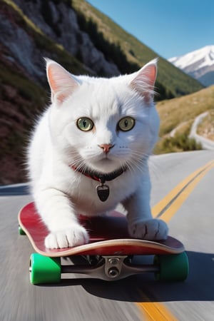 a white cat  riding a skateboard down a mountain side road in a helmet and gloves on a mountain side,  hyper real, poster art, photorealism, face close-up, motion lines, motion blur, film screencap, film grain, movie poster,  horrified,firefliesfireflies,1 girl
