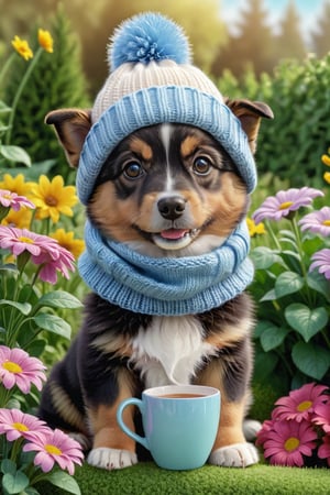 DOG with a cup, wearing a knitted hat and scarf, hyper realistic soft toy on a flower garden background, very cute, happy and beautiful, cute detailed illustration expressing joy, fully dressed, tiny, cute scene, stunning, tiny detail, fluffy, beautiful art, 3d render, cinematic