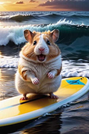 a hamster wearing t-shirt and riding a surfboard down a sea waves in a gloves on a sea side,  hyper real, poster art, photorealism, motion lines, motion blur, film screencap, film grain, movie poster,  horrified,firefliesfireflies,1 girl,Extremely Realistic,more detail XL,moonster, shot from back