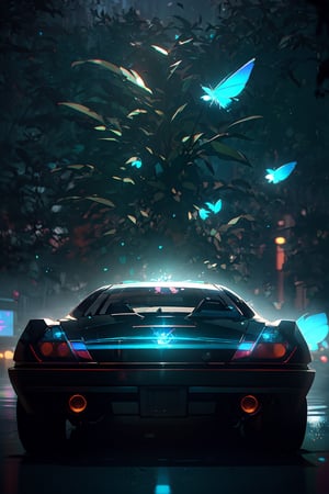 blue honda car, japan, neon, glow, fluttering symbols, | depth of field, bokeh, | smooth detailed shadows, hyperealistic shadows, (saturated colors:1.2) | (game cg, unreal engine, pixar style), (3d model), style of Dustin Nguyen