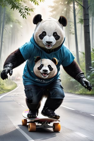 a panda wearing t-shirt and riding a skateboard down a forest road in a helmet and gloves on a city side,  hyper real, poster art, photorealism, motion lines, motion blur, film screencap, film grain, movie poster,  horrified,firefliesfireflies,1 girl,Extremely Realistic,more detail XL,moonster