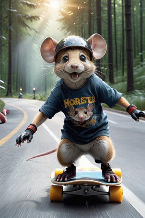 a mouse wearing t-shirt and riding a skateboard down a forest road in a helmet and gloves on a city side,  hyper real, poster art, photorealism, motion lines, motion blur, film screencap, film grain, movie poster,  horrified,firefliesfireflies,1 girl,Extremely Realistic,more detail XL,moonster